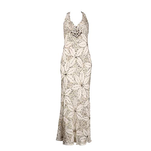 Adrianna Papell Halter Neck Beaded Floral Pattern Chiffon Dress, Ivory/Gold, 14
