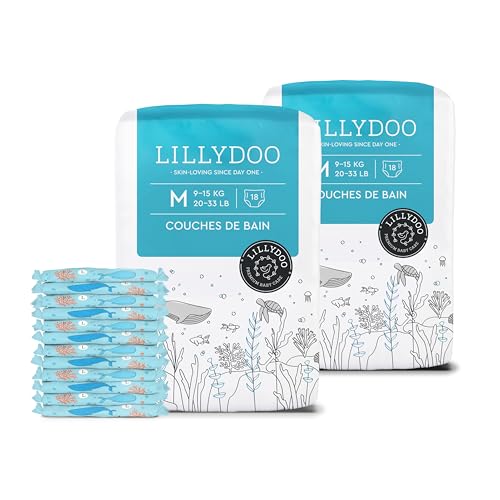 LILLYDOO - Couches de Bain Jetables, Douces pour la Peau des Bébés, Taille M (9-15 kg), 2 paquets (36 pièces), Protection Optimale dans l'Eau, Design Aquatique