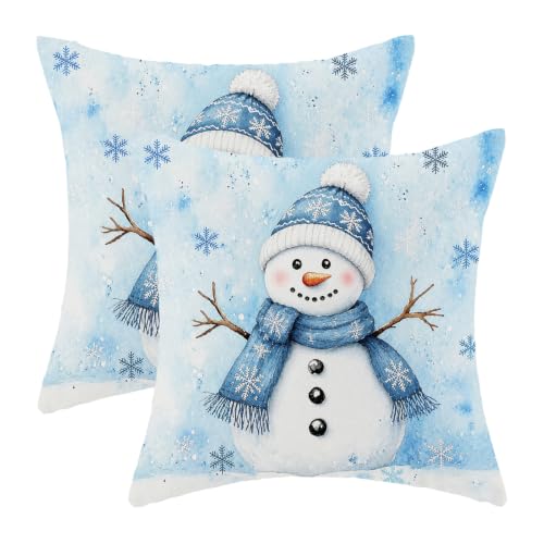 Blue Snowman Throw Pillow Covers Winter Pillow Covers 18x18 Set of 2