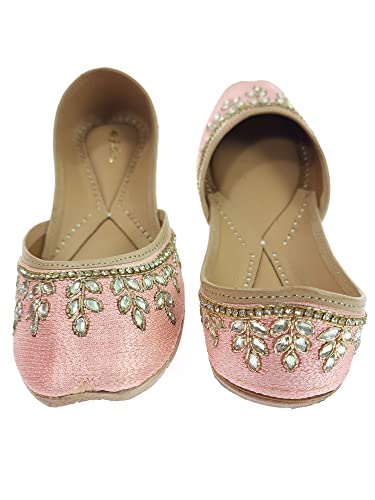 Image of Fulkari Women's Dolli Gold Genuine Soft Leather Embroidered Jutis | Bite and Pinch Free Jutti | Punjabi Formal Juttis | Girl's Wedding Flat Ladies Mojari | Formal Ethnic Juti |