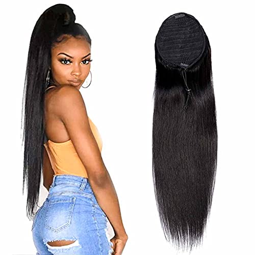 Seelaak 18 Inches Long Straight Ponytail Hairpiece for Black Women Straight Drawstring Ponytail Human Hair Natural Color Drawstring Straight Pony tail Hair Extainson