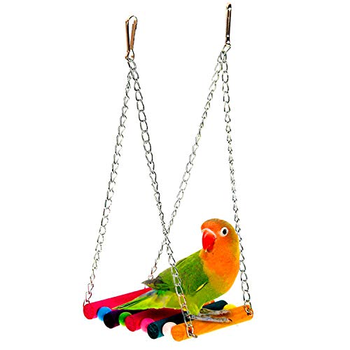 SunGrow Parrot Cage Hammock Swing, 7.8 Inches, Colorful Wooden Swing with Metal Chain and Clasp, 1 Pack