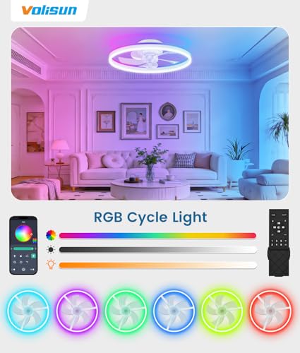 Image of VOLISUN RGB Ceiling Fans with Lights and Remote, 20in Low Profile Ceiling Fans with Lights Flush Mount, 3000K-6500K Dimmable Fandelier LED Fan Light, White Bladeless Ceiling Fans for Bedroom