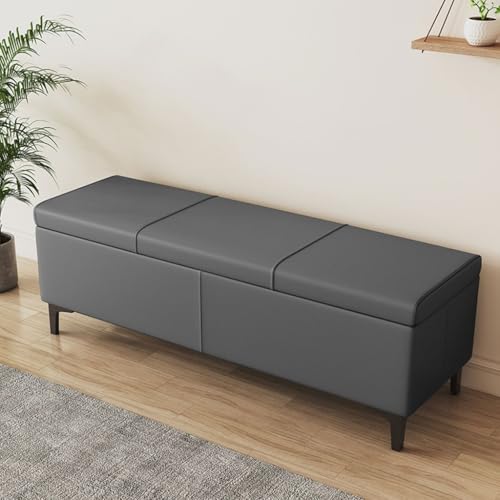 Lift-Top - Banco de almacenamiento de piel sintética gris oscuro de 80 cm de largo para dormitorio, reposapiés tapizado, solución de almacenamiento elegante y funcional
