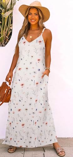 Image of Bluetime Women Summer Spaghetti Strap Maxi Dress V-Neck Sleeveless Flowy Boho Floral Beach Long Dress with Pockets