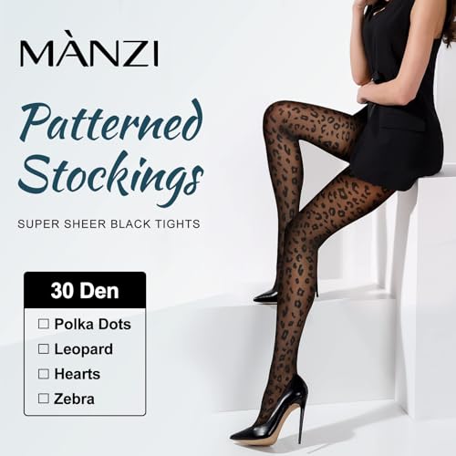 MANZI Women's Sheer Patterned Tights All-Over Polka-Dot Leopard Hearts Stockings 30 Denier Pantyhose Nylons2
