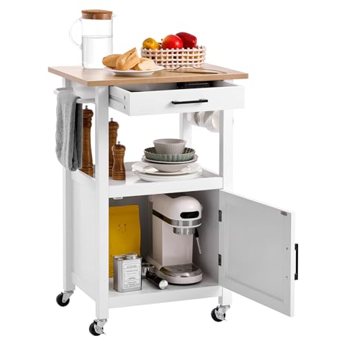 VEVOR Kitchen Island Cart with Single Door Cabinet, Mobile Carts with Drawer, Towel Rack, Hooks, Portable Table on Swivel Wheels, Small Coffee Islands Microwave Stand for Dining Room, 18x23 in, White