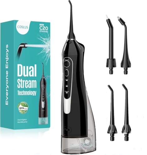 Image of COSLUS ADA Accepted Water Dental Flosser Teeth Pick C20: Portable Cordless Oral Irrigator 300ML Rechargeable Travel Irrigation Cleaner IPX7 Waterproof Electric Flossing Machine, Standard Set Black