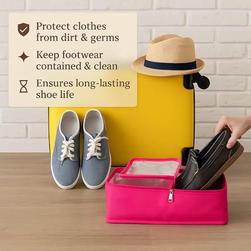 Image of Under Bed Shoe Storage Organizer Box with Clear Plastic Zippered Cover | Large Durable Rexine Travel Shoe Bag for Men & Women | Pack of 12 | Shoes,Slippers & Sports Footwear Storage (Pink)