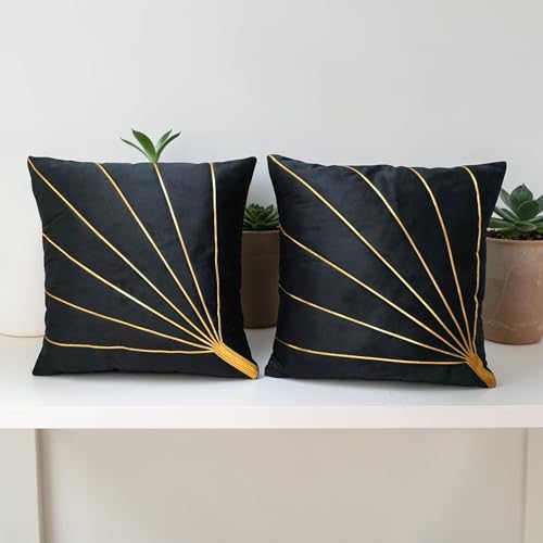Image of Home Velvet Cushion Cover with Golden Stripes, Aqua Pack of 5, 16x16 to 26x26 Inch (Black, 16x16in)