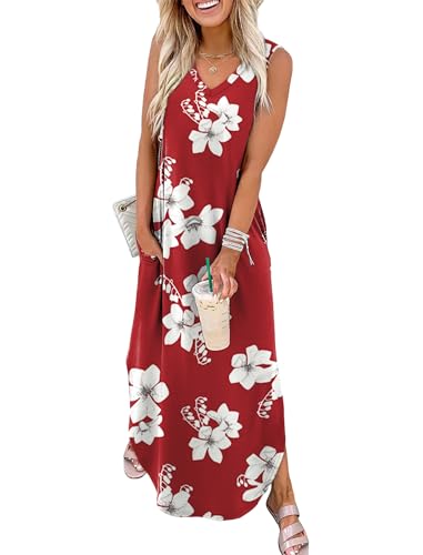 SAMPEEL Maxi Dresses for Women Elegant Classy 2025 Beach Vacation Clothes Summer Outfits Hawaiian Tropical Dress Floral Red L