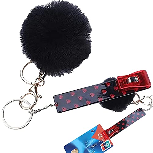 Card Grabber Keychain Pom Pom Ball for Long False Nails Pulling from ATM Credit Card Clip Puller (L-Acrylic, Black Red Heart)