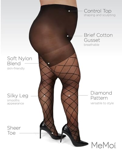 MeMoi Diamond Curvy Plus Size Sheer Tights, Comfortable Compression Control Top Tights for Women - Sizes 1X-7X, Black-Black, 3X/4X3