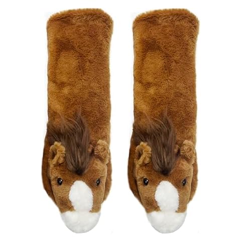 ooohyeah Kids’ Funny Fuzzy Animal Slipper Socks, Cute Soft Non-Slip Warm Socks for Girls & Boys, Horse Play, Size 1-5 Cover