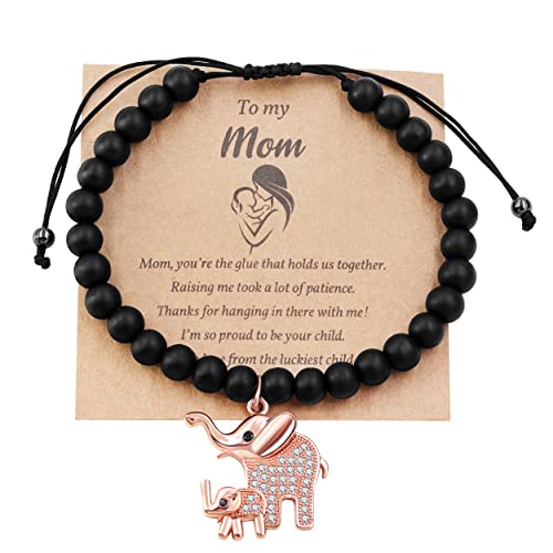 Image of Matte Agate Black Onyx /Turquoise Beads Bracelet, Good Luck Mom and Baby Elephant Bracelet, To My Mom Bracelet Gifts for Mothers Day from Daughter