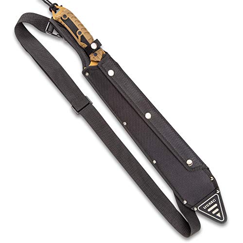 Usmc Desert Ops Sawback Machete With Shoulder Strap Sheath - Officially Licensed By United States Marine Corps, Stainless Steel Blade, Non-Reflective Finish, Abs Handle - For Outdoors Job - Length 24" #TOP1