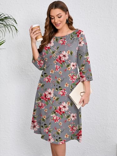 Image of AusLook Women's Plus Midi Dresses Crew Neck A Line 3 /4 Sleeves Casual Elegant Loose Wedding Vacation Dress with Pockets