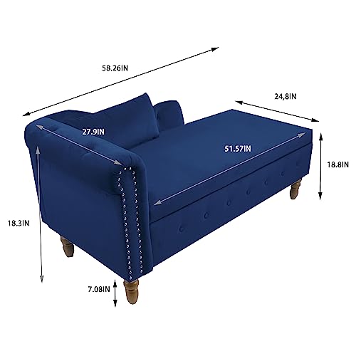 Majnesvon Upholstered Velvet Rolled Arm Chaise Lounges Indoor Chair, 58.26" Velvet Chaise Lounge with Nailhead Trim, with 1 Pillow for Living Room Bedroom Office