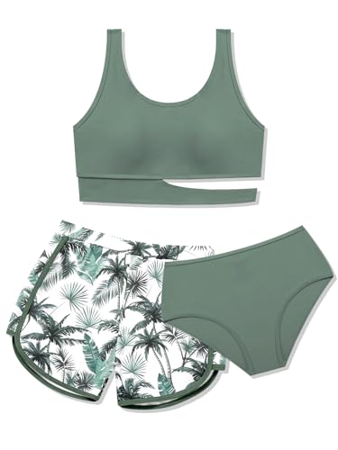 Image of Girls Swimsuit 3 Piece High Waist Sport Bathing Suit Quick Dry Bikini Tankini Sets with Shorts for 7-16