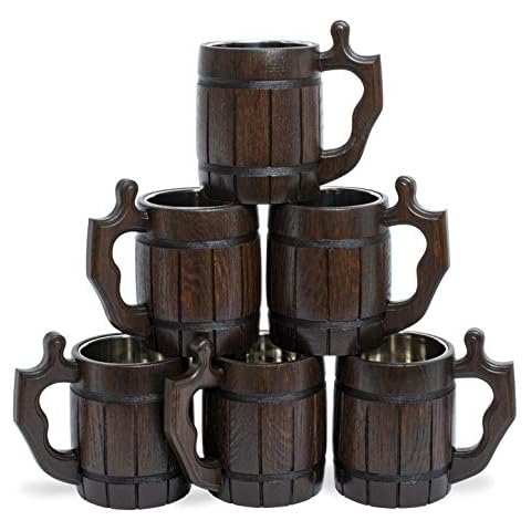 Handmade Beer Mug Set of 6 Wood Natural Stainless Steel Cup Men Gift Eco-Friendly Barrel Souvenir Round Brown Cover