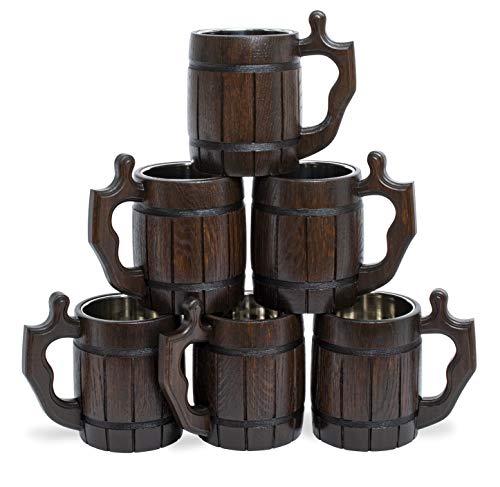 MyFancyCraft Set of 6 Beer Mug 20 OZ - Tankard Mug - Beer stein - Wooden beer mug - Stainless Steel Cup - Handmade Gifts for Men - Fathers Day, Christmas or Birthday Gift Idea - Barrel Brown by MyFancyCraft - Used condition - US$106.91