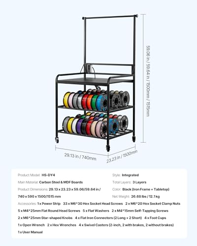 Image of VEVOR 3D Printer Filament Storage Rack with Power Strip, 3-Tier Stand with Filament Storage, Spools Holder Racks Cart with Wheels, Filaments Organzied for 3D Printing Station, Workshop (Shelf Only)