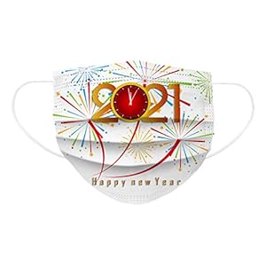 BEUU 30PCS 2021 Happy New Year Disposable Face_Covering for Adults,5-types 3-ply Non-Woven Fabric with Elastic Earloops,Fireworks Camouflage Pattern, High Filtration and Ventilation Security