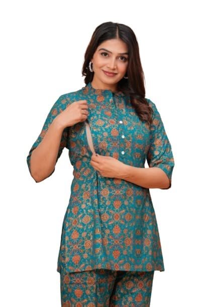 Women's Teal Floral Print Maternity Kurti with Nursing Access, 3/4 Sleeves, Mandarin Collar-image-26