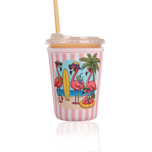 Image of Reusable Insulated Sleeve for Iced Coffee Cup, Coffee Neoprene Sleeve for Cold & Hot Drinks, Beverage Holder for Iced Coffee (Flamingo Stripes, Small: 16-18oz)