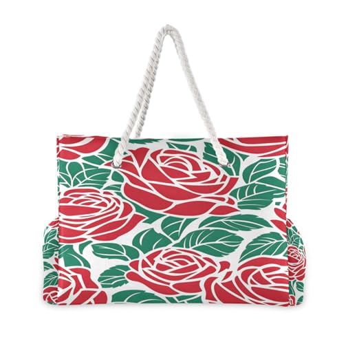Beach Bag - Large Tote Bags for Women Flower Rose Green Pattern Shoulder Bags Zipper Waterproof Sandproof for Travel Gym Swim Daily2