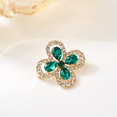 Image of Rhinestone Clover Leaf Brooch Pin, Green Four Leaf Clover Pin Shamrock Lapel Pin, Gold Plated Vintage Crystal Flower Brooches