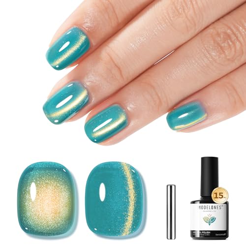 Image of modelones 9D Magnetic Cat Eye Gel Nail Polish Green Holographic Mint Blue Golden Shimmer, 15ML UV LED Soak Off Gel Nail Art Manicure 15ML