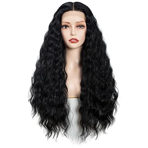 FASHION IDOL Lace Front 13x4 Deep Wave Lace Wig Free Parting High Temperature Synthetic Wigs For Women 26" Natural Black Curly Wigs Cover