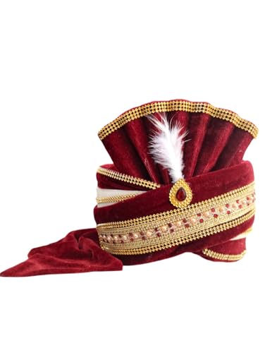 Image of BookMyCostume Dulha & Royal Wedding Turban Collection - Premium Silk, Velvet, Zari Work Safa with Kalgi & Brooch - Traditional Indian Dulha Pagdi /Sehra Perfect for Weddings & Role Plays for Men & Kids