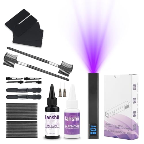 Lanshii UV Lamp Hair Extension Tool Kit Invisible Hair Extensions UV Lamp 30g UV Hair Glue with 30ml Glue Remover Plastic Eyebrow Comb for UV Hair Set Eyelashes Extensions