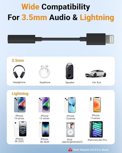 Adaptateur Lightning vers prise casque 3,5 mm noir pour écouter la musique sur iPhone 14 et 13
