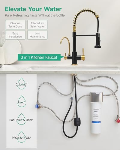 Image of GIMILI 3 in 1 Kitchen Faucet with Pull Down Sprayer Black and Gold Two Handle Kitchen Sink Faucet with Under Sink Water Filter System Reduces PFAS, PFOA /PFOS, Lead, Chlorine, Bad Taste & Odor