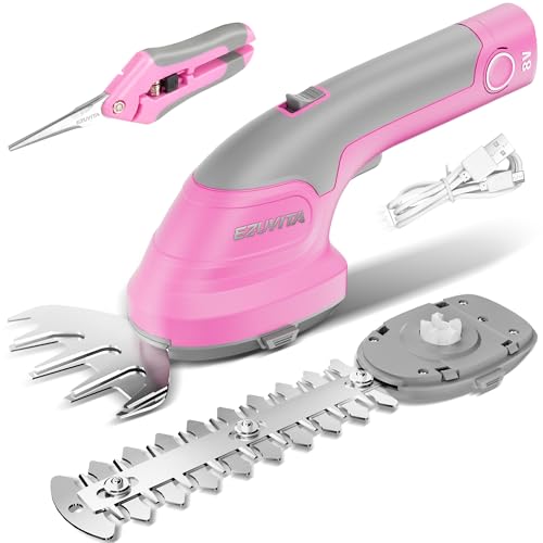 EZUVITA 8V Cordless Hedge Trimmer & Grass Shear, 2-in-1 Handheld Shrub Trimmer with 2000mAh Removable Battery, 2 Interchangeable Blades for Bushes, Shrubs & Lawn Edging (Pink)