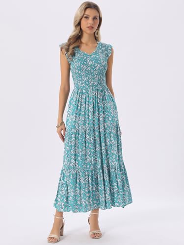 Image of Seta T Women's Summer Dresses Casual Ruffle Sleeveless V Neck Floral Sundress Flowy Smocked Beach Maxi Dress