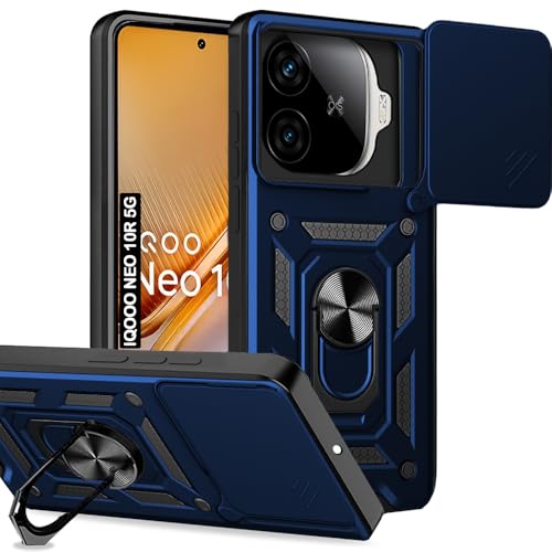 Image of AESTMO Tough Armor iQOO Neo 10R 5G Bumper Back Case Cover | Ring Holder & Sliding Camera Shield Cover | 360 Degree Protection Back Case Cover for iQOO Neo 10R 5G (Blue)