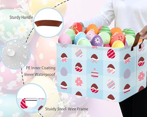 Image of Large Rectangular Easter Baskets Empty Waterproof Boy Toy Box Foldable Kid's Gifts Storage Bin Spring Room Decor(Blue Checkered Egg)