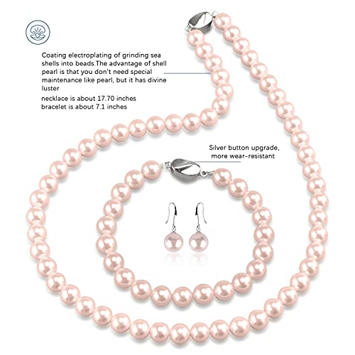 Aoovoo Pink Pearl Necklace Set For Women Girls, 8Mm Round Shell Pearl Includes Stunning Bracelet And Dangle Earrings 3 Piece Jewelry, Birthday Anniversary Wedding Gifts For Her #TOP1
