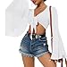 V Neck White Bell Sleeve Tops for Women Tie Front Long Sleeve Blouse Sheer Mesh Crop Rave Top XL