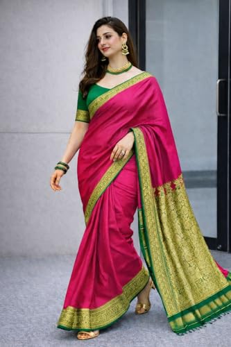 Image of Women's Glory Banarasi Satin Silk Saree with Rich Zari Woven Border & Pallu | Soft Glossy Party Fancy Traditional Saree for Wedding, Festive, Function | Blouse Piece Included