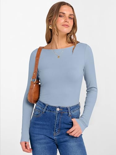 Image of ANRABESS Women's Boat Neck Long Sleeve Shirts Rib Knit Slim Fitting Tops Basic Tees 2026 Casual Comfy Fall Outfits Clothes