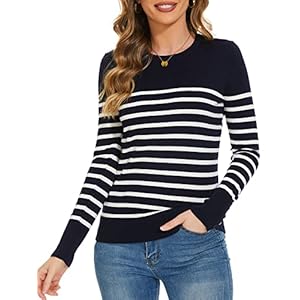 Sweaters for Women Striped Crew Neck Pullover Sweater Lightweight Long Sleeve Fall Knit Tops