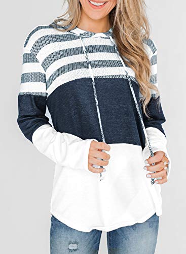 Lovezesent Womens Plus Size Casual Loose Long Sleeve Color Block Stripe Drawstring Hoodie Sweatshirt Pullover for Jeans White XXL