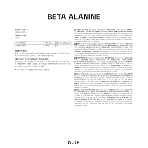 Bulk Bêta-Alanine en Poudre, 100 % Bêta-Alanine, Sans Arôme, 4 g par Portion, Acide Aminé Pré-Entraînement, 125 Doses, Vegan, 500 g – vue 2