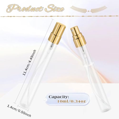 30 Pcs 10ml/0.34oz Mini Spray Bottle Glass Fine Mist Perfume Atomizer Empty Sample Containers with Golden Lids for Travel Cleaning Essential Oils2
