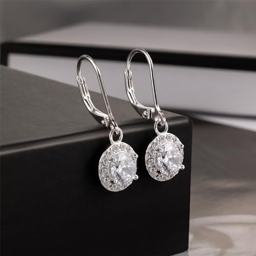 ALEXCRAFT Sterling Silver Leverback Dangle Drop Earrings for Women, Cubic Zirconia Small Round Square Halo Drop Earring Hypoallergenic Jewelry for Wedding Bridal4